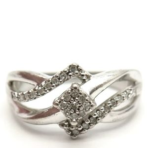 SUN Sterling Silver .925 Natural Diamond Crossover Design Ring Size 6.75